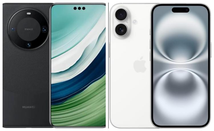 Imagens ilustrativas de um Huawei Mate 60 Pro e de um Iphone 16