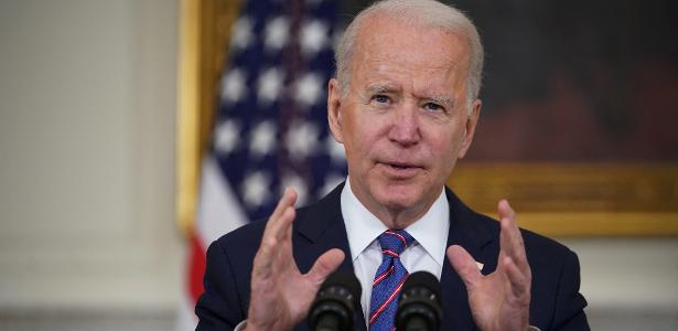 2.abr.2021 - O presidente dos Estados Unidos, Joe Biden, em pronunciamento na Casa Branca, em Washington (DC)