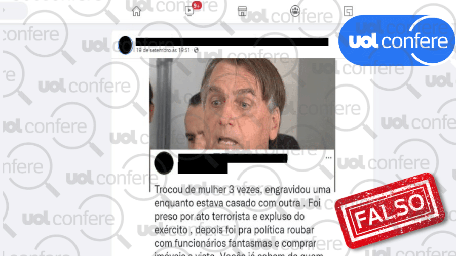 22.set.2022 - É falso que Bolsonaro foi expulso do Exército e preso por atos terroristas - Arte/UOL Confere sobre Reprodução Facebook