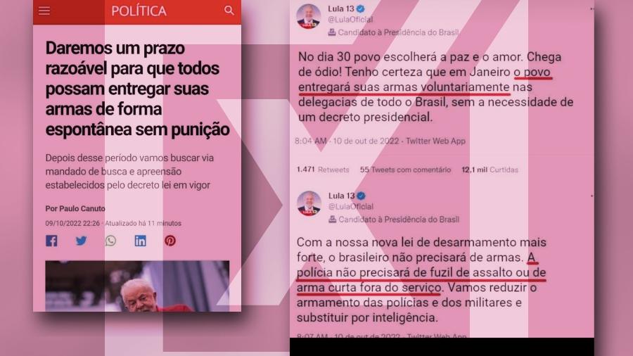 10.out.2022 - São montagens as reproduções do Twitter e do G1 que atribuem a Lula declarações sobre desarmamento - Projeto Comprova