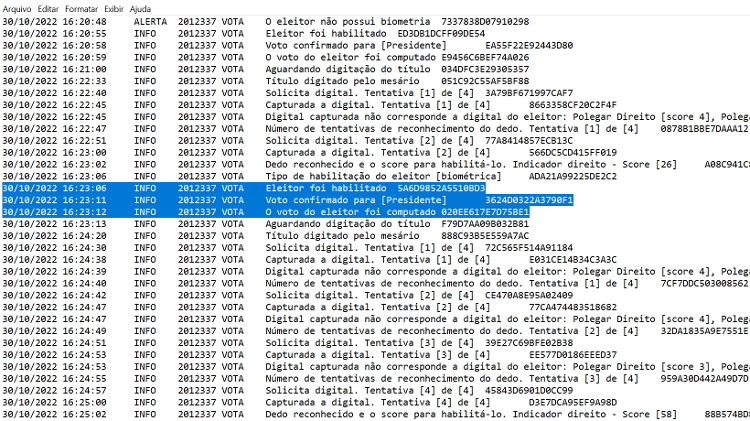 23.nov.2022 - Log de Urna da seção 001 da Zona Eleitoral 0026 de Belo Horizonte (MG) mostra atividade de votação do segundo turno (30 de outubro); na seção foi utilizada uma urna do modelo 2020