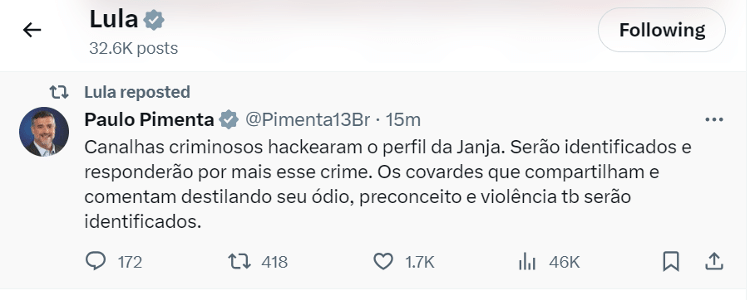 Presidente Lula repostou crítica do ministro Paulo Pimenta ao invasor da conta de Janja no X