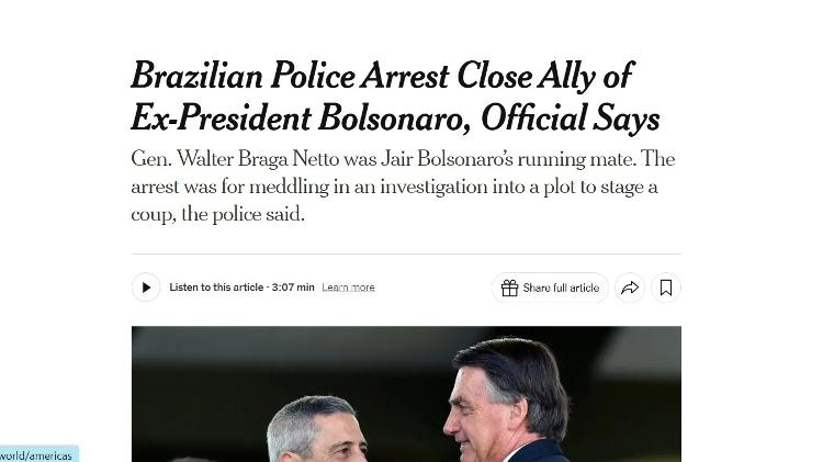 New York Times chamou Braga Netto de 'aliado próximo' de Bolsonaro