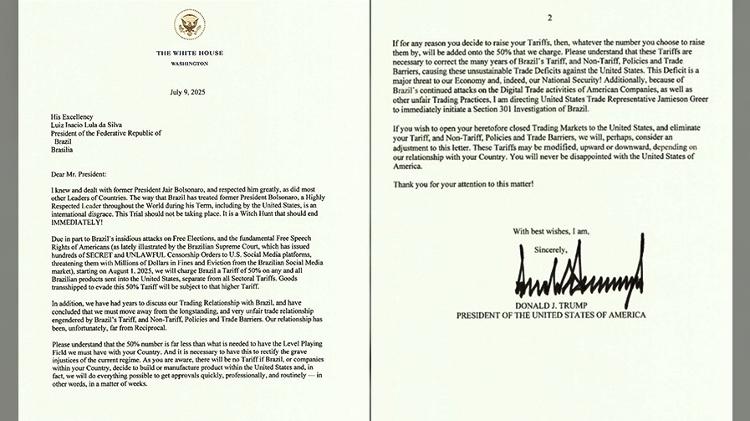 Carta de Trump a Lula com anúncio de tarifa de 50% Carta de Trump a Lula com anúncio de tarifa de 50%