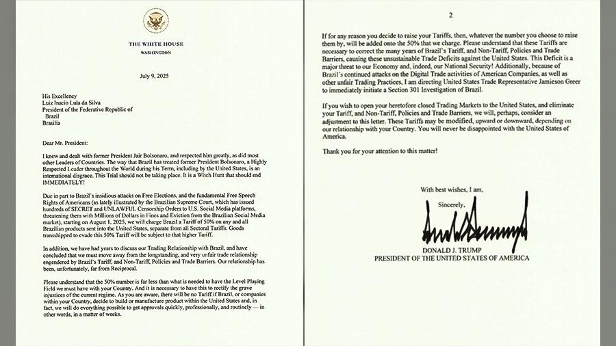 Carta de Trump a Lula com anúncio de tarifa de 50% Carta de Trump a Lula com anúncio de tarifa de 50%