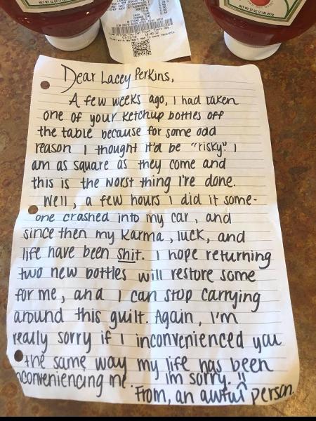 Ladrão arrependido deixou duas embalagens de ketchup e uma carta anônima em restaurante em Nova Jersey - Facebook