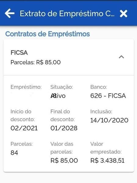 Empréstimo consignado não autorizado feito pelo banco Ficsa - Reprodução