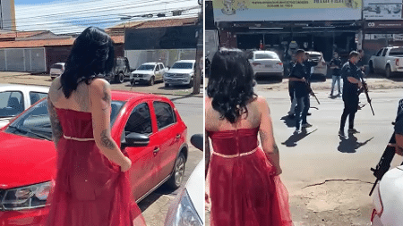 Dama de vermelho faz ensaio de casamento e para trânsito com homens armados