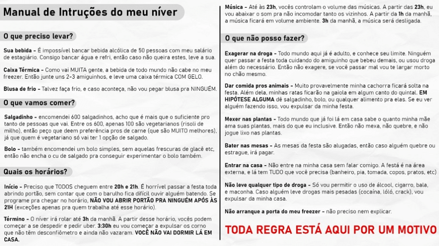 Convite com "manual de instruções" exibindo regras para aniversário gerou debate e muitos comentários nas redes sociais - Reprodução/Twitter