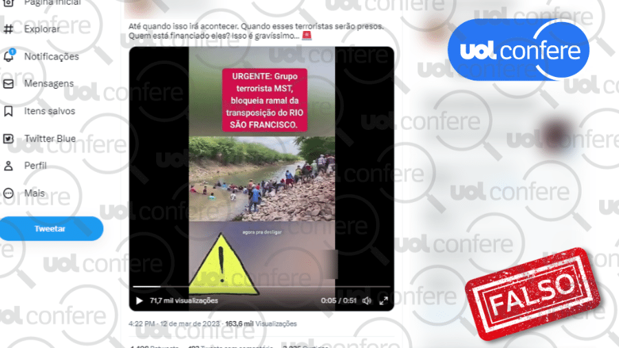 14.mar.2023 - Produtores rurais do Projeto de Irrigação Fulgêncio bloquearam canal de aproximação do rio São Francisco para limpeza; ação não tem relação com MST e serviu para ampliar o abastecimento  - Arte/UOL Confere sobre Reprodução/Twitter