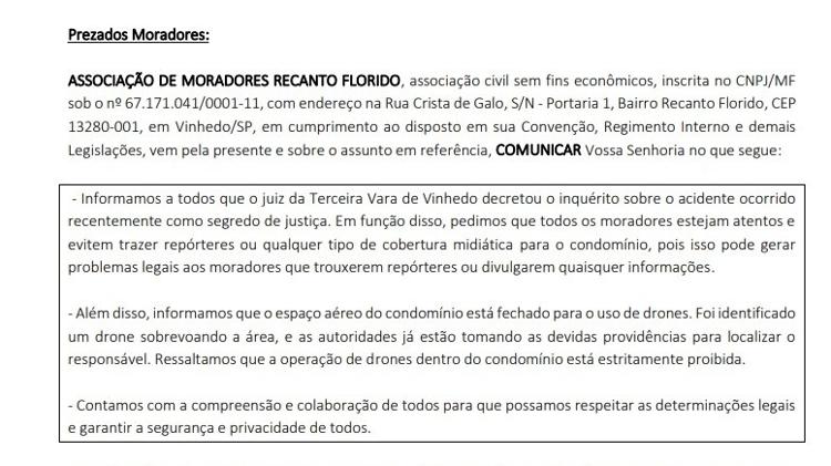 Comunicado recebido por moradores do condomínio Recanto Florido, onde caiu o avião da Voepass no último dia 09/08