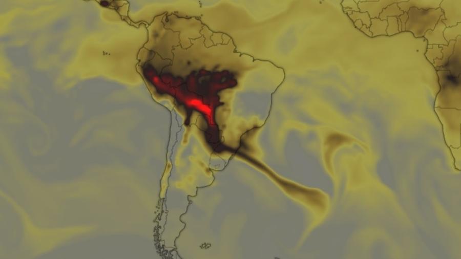 Focos de incêndio espalhados por Amazônia e Cerrado às 8h desta quinta-feira (12) podem agravar efeitos do calor - Windy/Copernicus/Programa Espacial da União Europeia