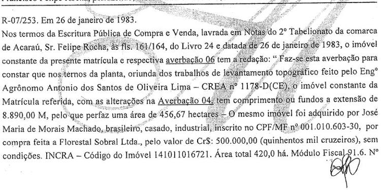 Registro no cartório de que área onde está 80% da vila de Jeri (CE) foi comprada por ex-marido de Iracema