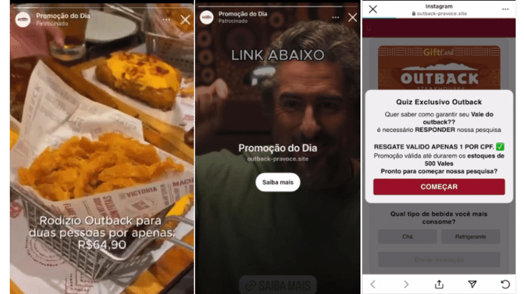 Story patrocinado no Instagram mostrava golpe com deepfake do Marcos Mion e, no fim, um link falso oferecia desconto no Outback Steakhouse Story patrocinado no Instagram mostrava golpe com deepfake do Marcos Mion e, no fim, um link falso oferecia desconto no Outback Steakhouse