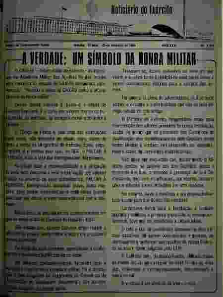 Fac-símile da capa do "Noticiário do Exército" de 25/02/1988 sobre Bolsonaro - Reprodução - Reprodução