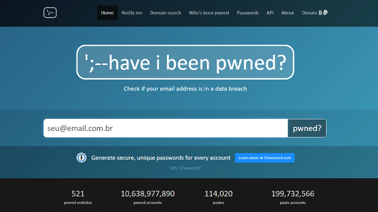 Tela do site Have I Been Pwned 1 - Reprodução - Reprodução