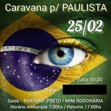 Convite para caravana que partirá de Ribeirão Preto para ato bolsonarista na Paulista - Reprodução/Facebook