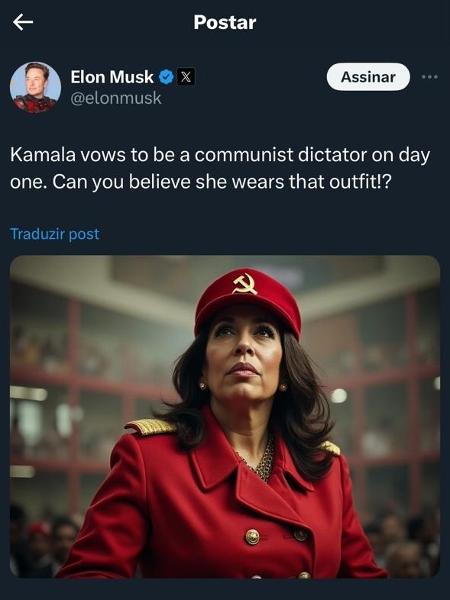 Post de Elon Musk retrata imagem de Kamala Harris criada por IA como uma ditadora comunista 