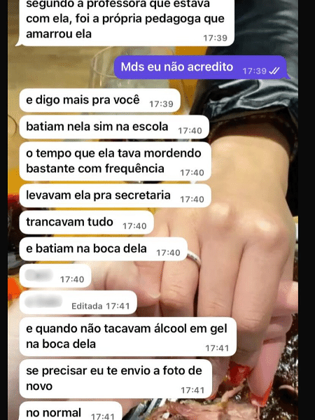 Mensagens enviadas pela ex-professora narram os supostos maus-tratos cometidos na escola Mensagens enviadas pela ex-professora narram os supostos maus-tratos cometidos na escola