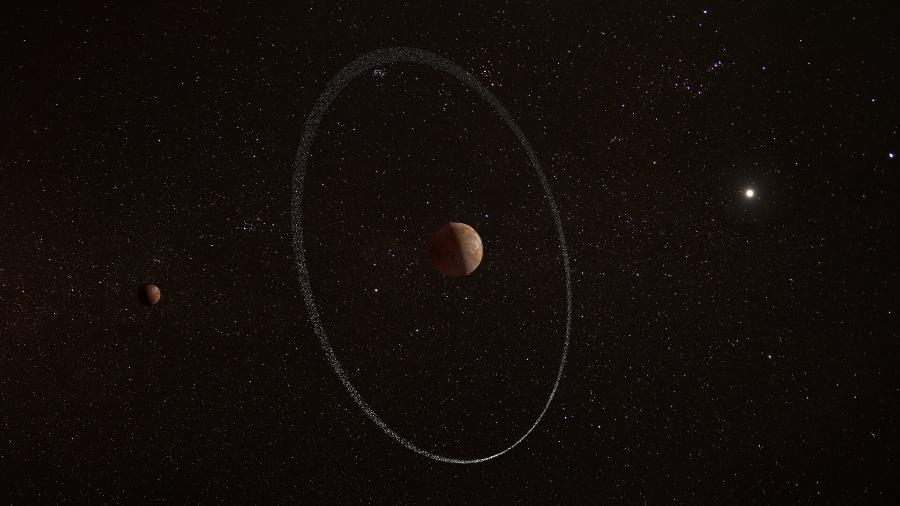 Impressão artística de Quaoar e seu anel, que foi descoberto por equipe de astrônomos brasileiros - ESA