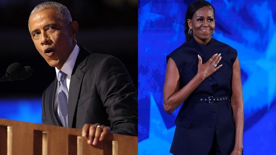 Barack e Michelle Obama em discurso na convenção democrata realizada em Chicago