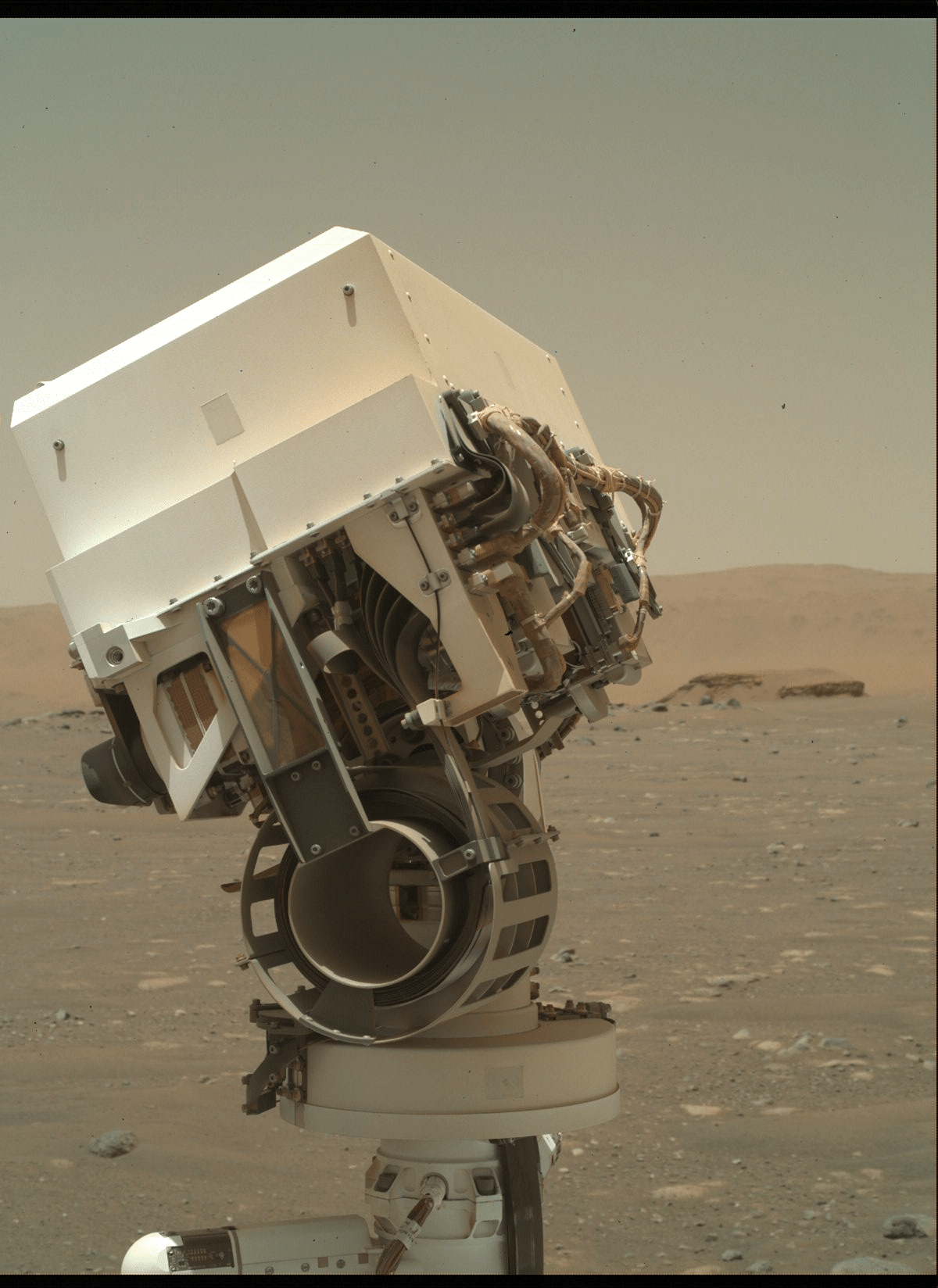 6 de abril de 2021: Perseverance tirou esta imagem usando sua câmera Sherloc Watson, localizada na torre no final do braço robótico do rover. A foto mostra o mastro de sensoriamento remoto do Perseverance, que é basicamente a "cabeça" da sonda, pois guarda muitas de suas câmeras e instrumentos científicos - Divulgação/Nasa