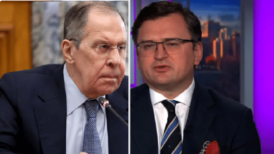 Os chanceleres Sergei Lavrov, da Rússia, e Dmytro Kuleba, da Ucrânia.  - Reprodução