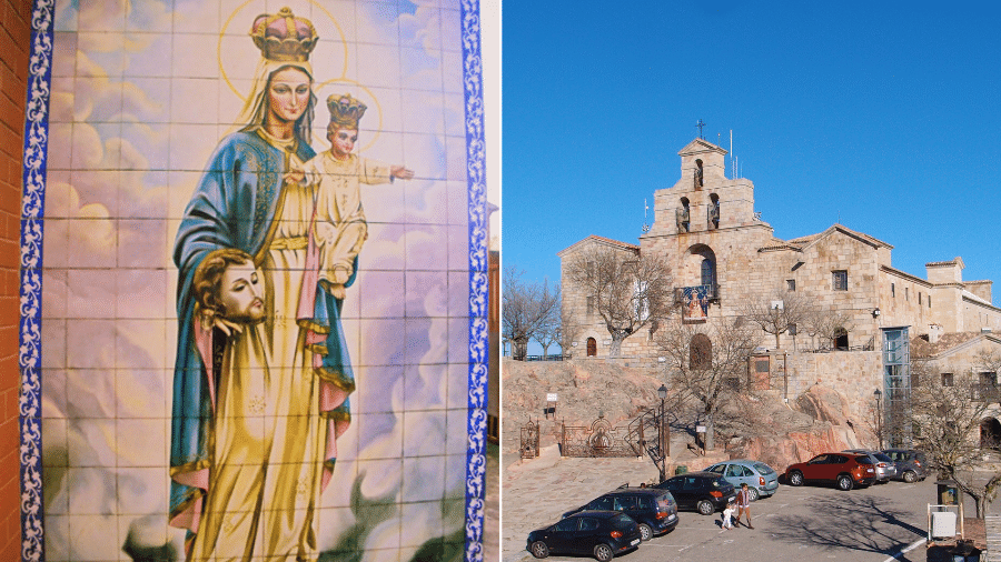 Imagem de Nossa Senhora da Cabeça (esq.) e Real Santuário de Nossa Senhora da Cabeça, na Espanha (dir.)