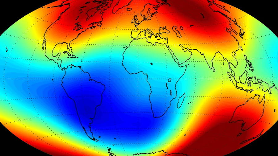Imagem ilustrativa da AMAS (Anomalia Magnética do Atlântico Sul), criada pela Nasa - Reprodução/Nasa
