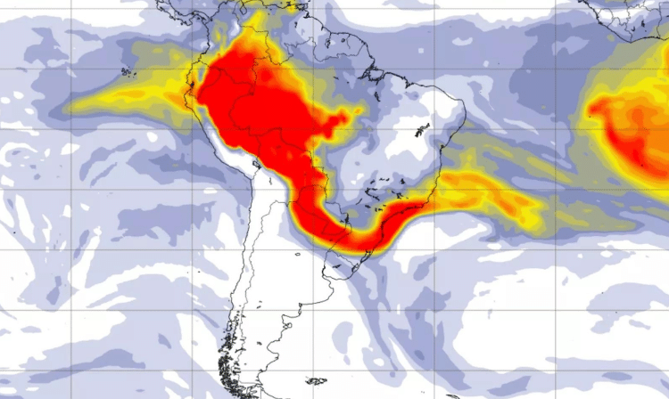 Mapa mostra fumaça se movimentando pela ação do vento 