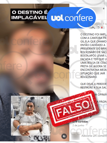 11.jun.2025 - Não há evidências de que Preta Gil tenha xingado Bolsonaro de "saco de bosta" - Arte/UOL Confere sobre reprodução/Instagram