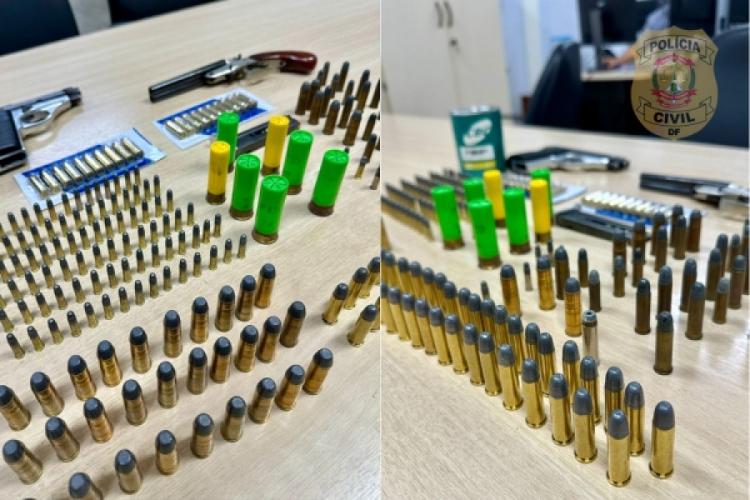 Armas e munições apreendidas na casa do agressor