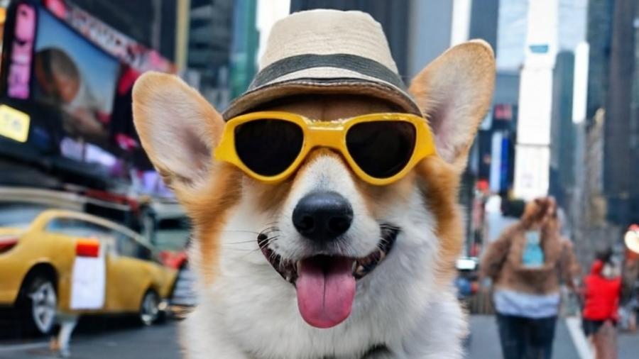 Foto criada no Imagen, protótipo do Google que cria imagens baseadas em texto. Neste caso, "um cachorro corgi andando de bicicleta na Times Square, usando óculos de sol e chapéu de praia" - Divulgação/Google