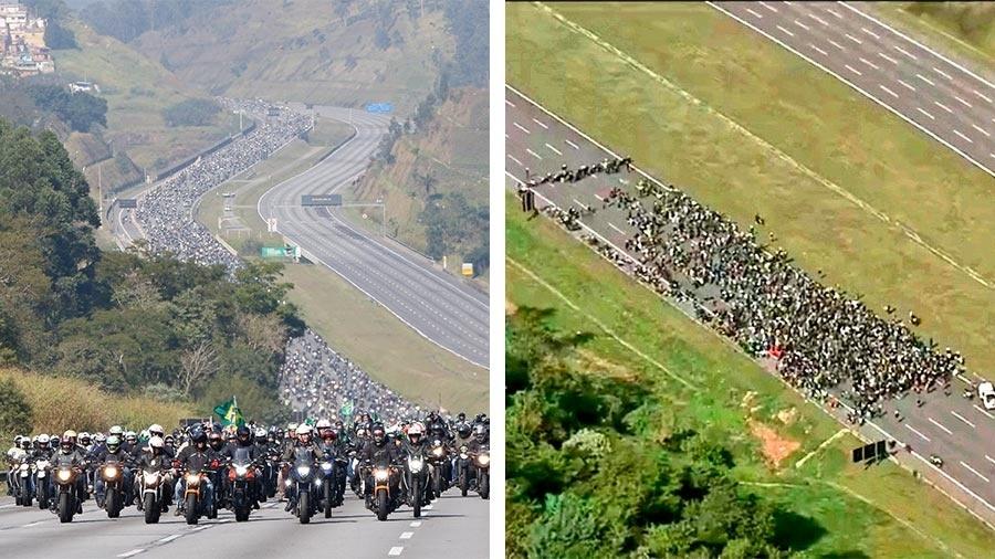 Comparação de fotos de mesma motociata pró-Bolsonaro mostra diferença da dimensão do público dependendo do ponto de vista - Alan Santos/PR e Twitter                            