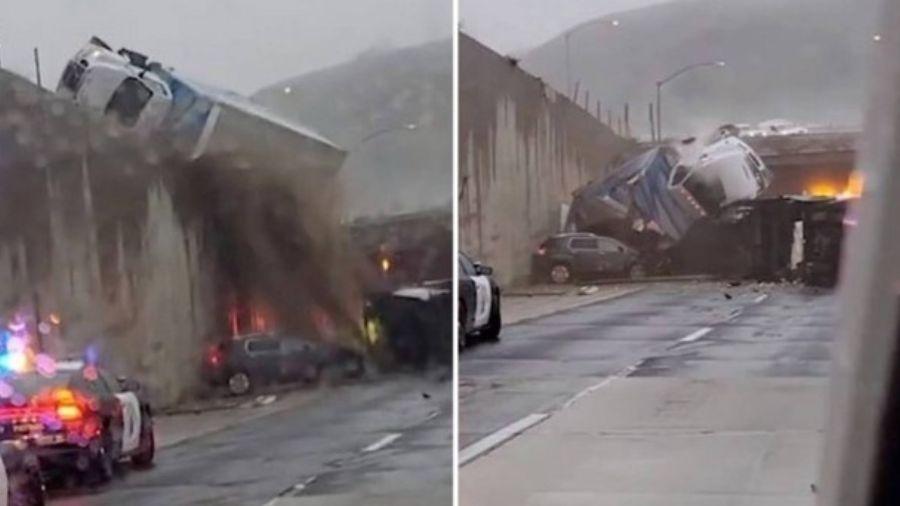 Caminhão cai em viaduto na Califórnia - Reprodução / Twitter