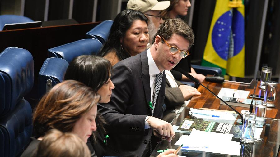 6.jun.2019 - O ministro Ricardo Salles (Meio Ambiente) faz pronunciamento no plenário do Senado durante sessão especial destinada a celebrar o Dia Mundial do Meio Ambiente - Edilson Rodrigues/Agência Senado