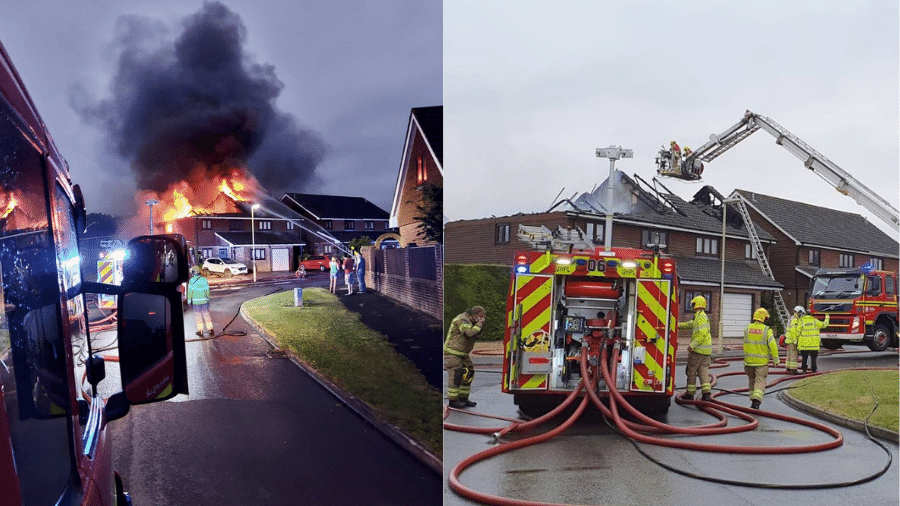 Incêndio atingiu telhado de casas na manhã de hoje; meteorologistas do Reino Unido emitiram alerta de tempestade - Reprodução/Facebook