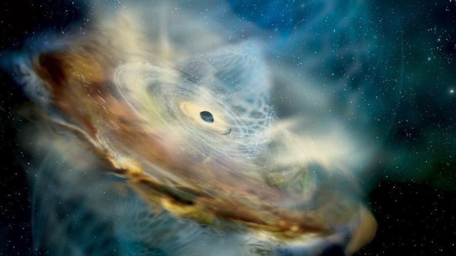 Ilustração mostra o disco de acreção, a coroa e o buraco negro supermassivo no centro da galáxia 1ES 1927+654, antes da erupção recente - Nasa