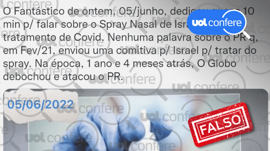 06.jun.2022 - Tweets relacionam de forma errada vacina de spray nasal desenvolvida na USP a spray nasal de Israel - Arte/UOL sobre Reprodução/Twitter