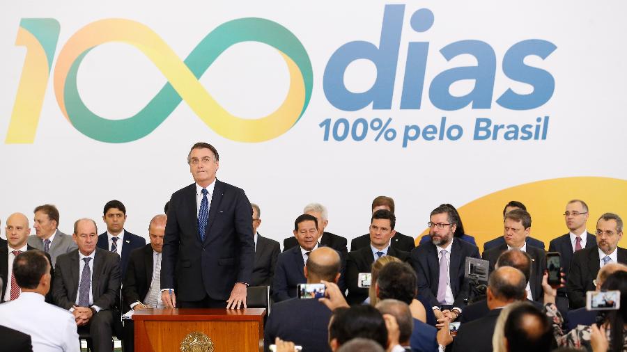 11.abr,2019 - O presidente Jair Bolsonaro durante a cerimônia de celebração dos 100 dias de governo, no Palácio do Planalto, em Brasília - Dida Sampaio/Estadão Conteúdo