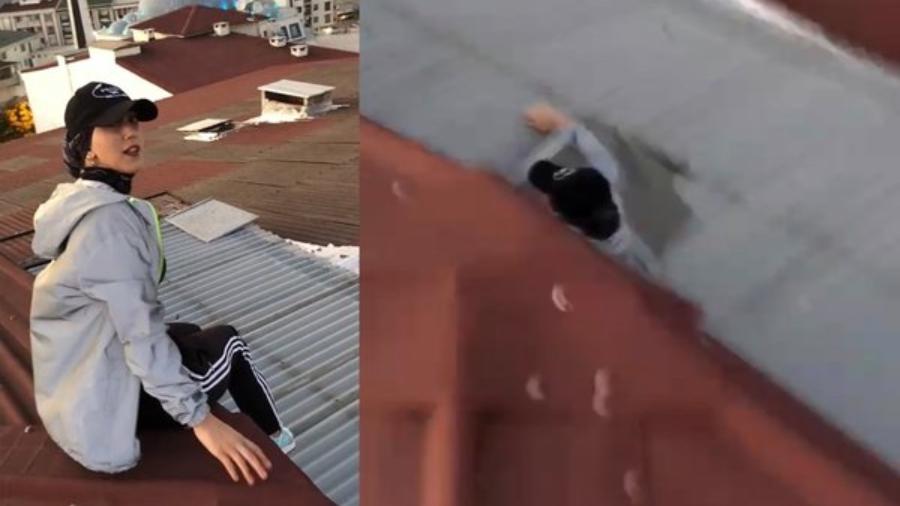 Num primeiro momento, Kubra é vista sentada sobre o telhado, mas em questão de segundos desaparece por um buraco que se abre sob os seus pés - Reprodução/YouTube/SabbahTV