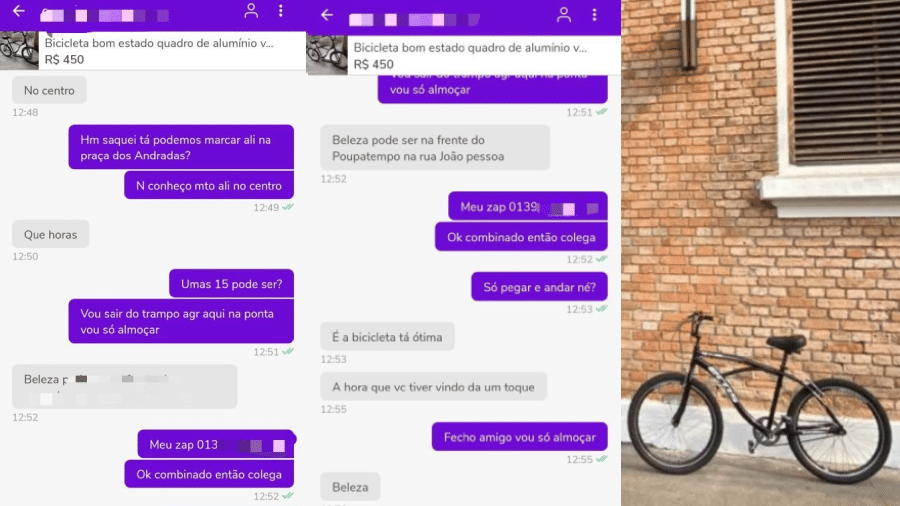 Conversas entre a dona da bicicleta que foi roubada e o vendedor que anunciou o item em um site de vendas - Reprodução/Polícia Civil de Santos