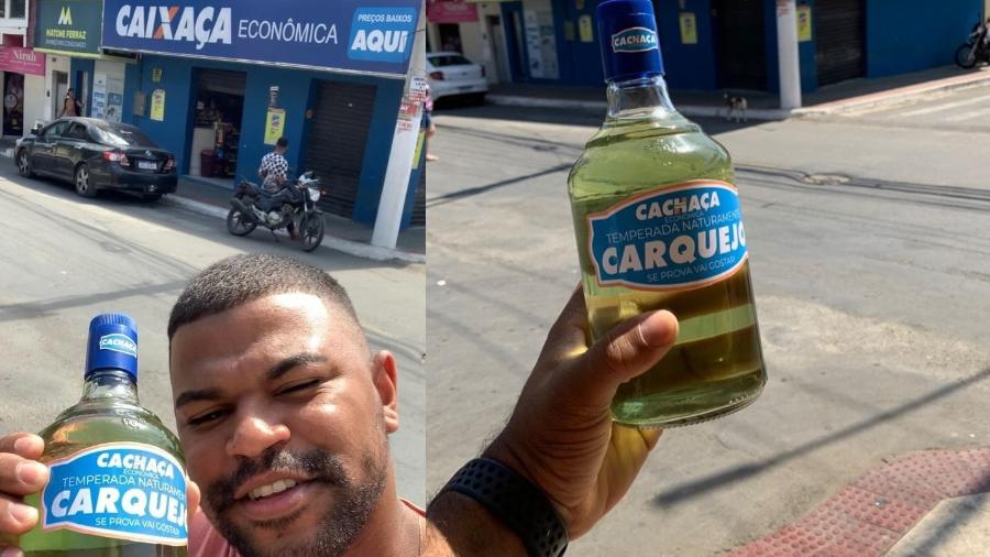 Adilson Ramos, 28, ao lado da cachaça que vende na internet e do estabelecimento em Cariacica  - Arquivo pessoal