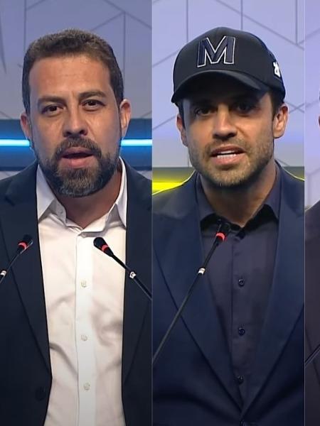 Candidatos à Prefeitura de São Paulo em debate Gazeta/MyNews: da esquerda para a direita, Guilherme Boulos, Pablo Marçal, Ricardo Nunes, José Luiz Datena e Tabata Amaral