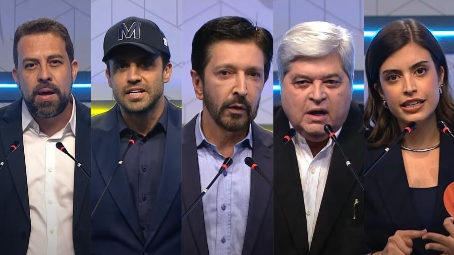 Candidatos à Prefeitura de São Paulo da esquerda para a direita, Guilherme Boulos, Pablo Marçal, Ricardo Nunes, José Luiz Datena e Tabata Amaral - 1º.set.2024-Reprodução/YouTube