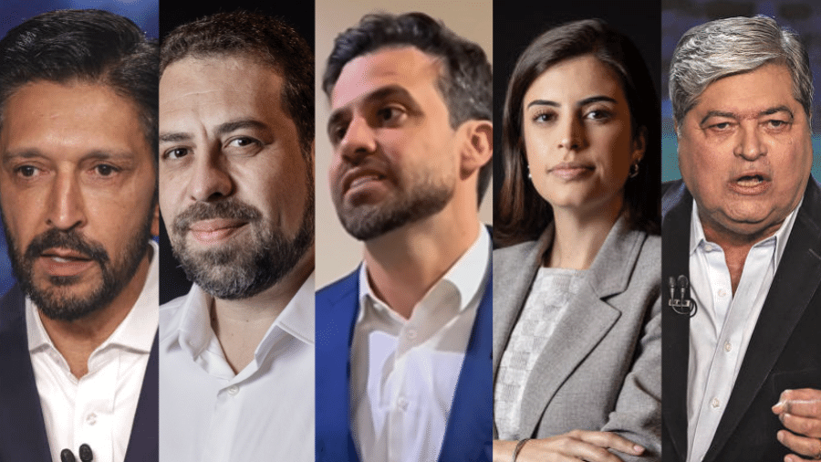 Da esquerda à direita, os candidatos à Prefeitura de São Paulo Ricardo Nunes (MDB), Guilherme Boulos (PSOL), Pablo Marçal (PRTB), Tabata Amaral (PSB) e José Luiz Datena (PSDB)