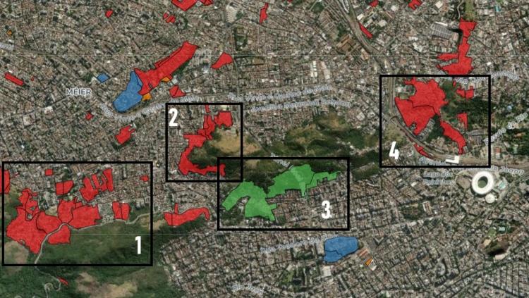 Locais de interesse do CV: 1 - Complexo do Lins; 2 - Morro São João; 3 - Morro dos Macacos; 4 - Mangueira