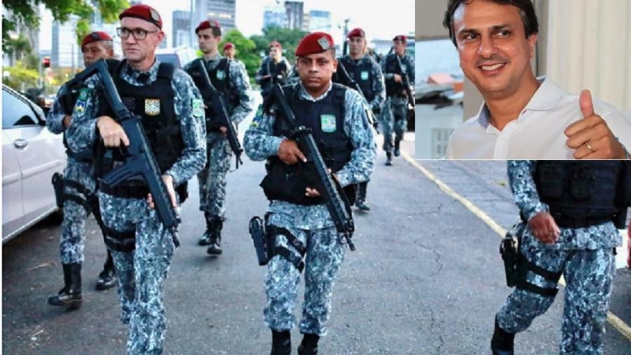 Força Nacional de Segurança atua em Fortaleza durante greve de policiais militares; no destaque, o governador Camilo Santana, que enfrentou bem a crise insuflada até pelo Planalto - Lucas Moura/Reuters - Jarbas Oliveira/Folhapress