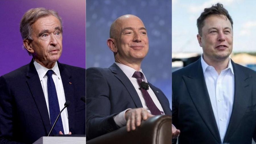 Da esquerda para a direita, Bernard Arnault, Jeff Bezos e Elon Musk, os homens mais ricos do mundo em abril de 2024, segundo a revista Forbes