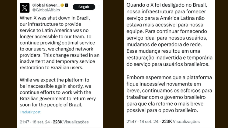 X (antigo) publicou comunicado na noite desta quarta-feira (18)